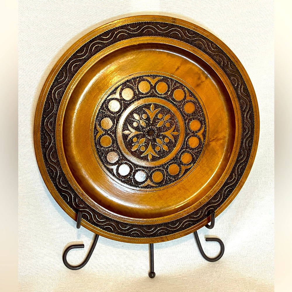 Vintage Polish Wood Decorative Plate Floral Brass Inlay Pyrography Folk Art 11"